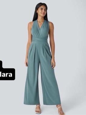 HALARA Sleeveless Wrap Wide-Leg Jumpsuit in Teal Blue-Green